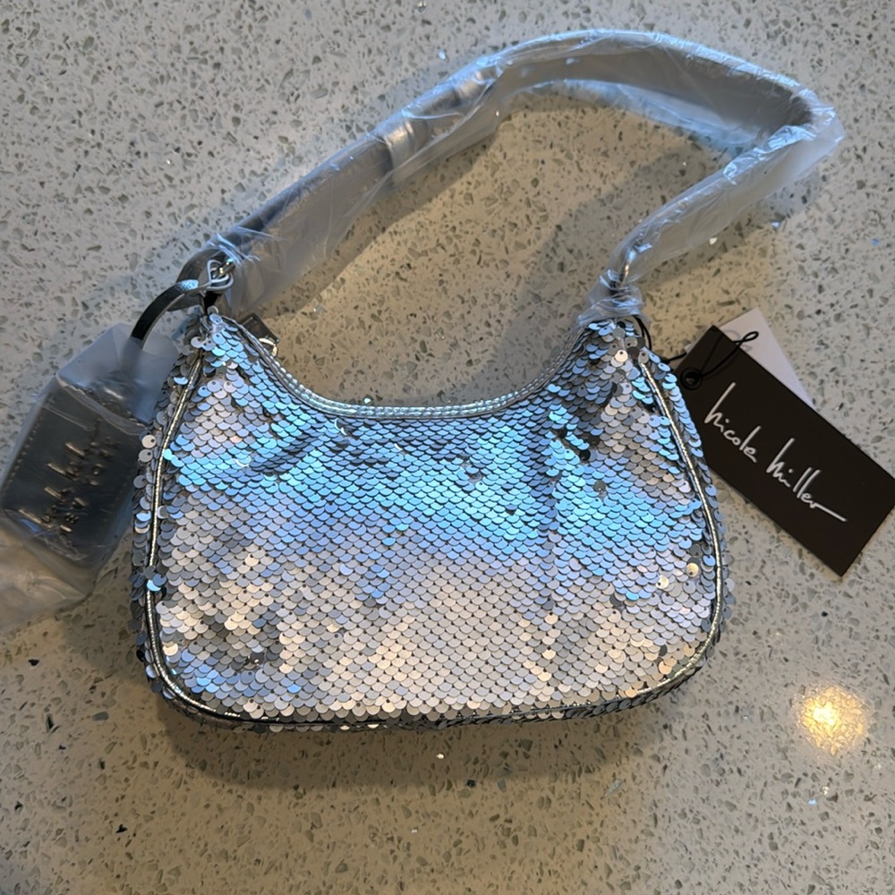 Nicole Miller silver metallic sequence hand bag